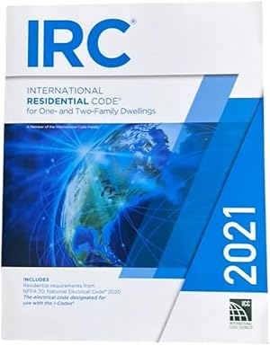 2021 International Residential Code book cover for one- and two-family dwellings with globe and blue geometric design