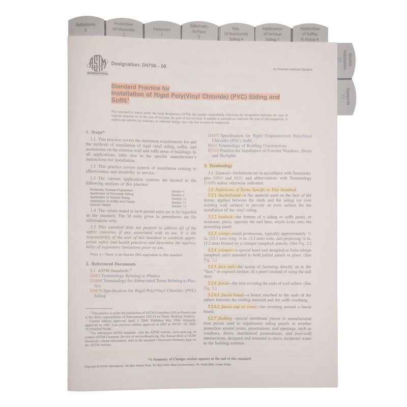 ASTM D4756-06 Standard Practice for Installation of Rigid Poly(Vinyl Chloride) (PVC) Siding and Soffit